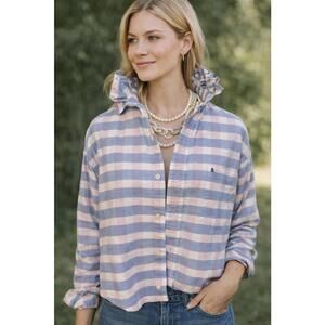 Upcycled IZOD Ruffled Collar Light Blue & Pink Checkered Button-Up Shirt | OOAK